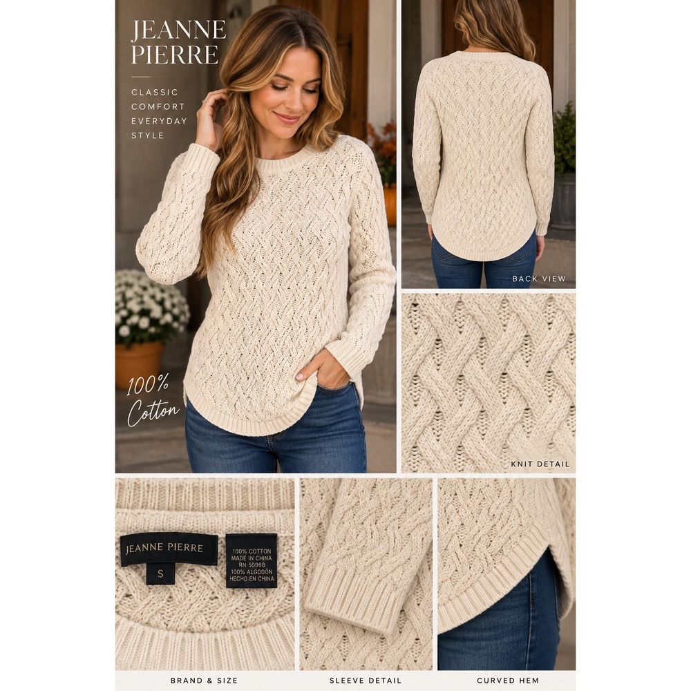 Jeanne Pierre Womens S Ivory Cable Knit Cotton Sweater Crew Neck Long Sleeve